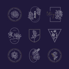 Abstract Flowers Vector Signs or Logo Templates. Retro Floral Illustration with Classy Typography. Feminine Logo. Modern Logo Template for florist, photographer, fashion blogger, design studio.