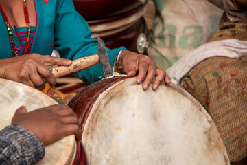 handmade manufacture of drums in katmandu. women working