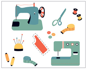 Vector illustration of sewing stuff - sewing machine, scissors, threads, needles, pins, measuring tape, buttons. Illustration for Sewing Machine Day.