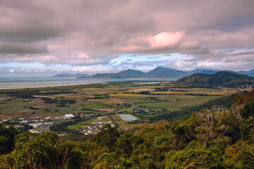 Fototapeta premium Panorama of the stunning landscape around Cairns area at the sunset, from the top of the road to Kuranda, Queensland, Australia.