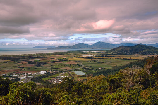 Panorama of the stunning landscape around Cairns area at the sunset,  from the top of the  road to Kuranda, Queensland, Australia.