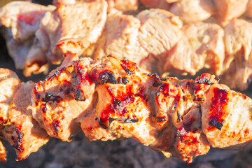 Fresh pork shish kebab is fried on skewers on the grill