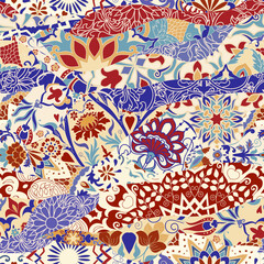 Azulejos tiles patchwork. Seamless colorful patchwork. Hand drawn seamless abstract pattern. Majolica pottery tile, blue, red azulejo. Original traditional Portuguese and Spain decor. vector