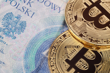 Fototapeta na wymiar Physical Bitcoin, Litecoin polish currency, polski zloty, PLN. Cryptocurrency concept poster.
