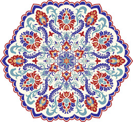 Floral hand drawn Mandala. Turkish motif. Round colorful floral ornament in traditional Oriental pattern. Isolated decorative element for card design, t-shirt print, ceramic tile.