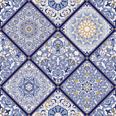 Azulejos tiles patchwork. Seamless colorful patchwork. Hand drawn seamless abstract pattern. Majolica pottery tile, blue, yellow azulejo. Original traditional Portuguese and Spain decor - 354713932