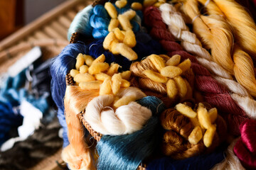 Silkworm cocoon and silk yarn for made a silk thread and silk fabric.