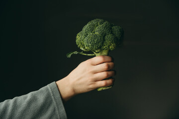 Naklejka na ściany i meble Man holding broccoli in his hand on a gray background