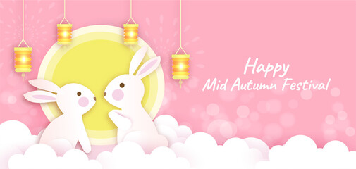 Set of Mid autumn festival banner with cute rabbits in paper cut style.