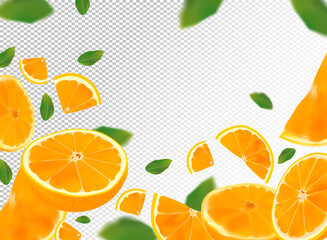 Orange background. Flying orange with green leaf on transparent background. 3D realistic fruits. Orange falling from different angles. Motion orange fruits are whole and cut in half.Vector