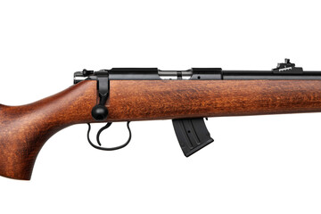 Modern hunting .22lr bolt carbine with a wooden butt. Beautiful weapon isolate on a white...