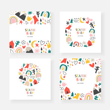 Scandinavian baby cards collection, set of vector frames, borders and wreaths with copy space, abstract doodle shapes, modern minimalist design, handdrawn rainbows, clouds and mountains