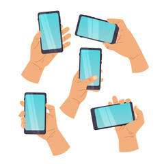 Cartoon hands and mobile phone. Hand of man holding phone and touch phone, business concept, flat design White background