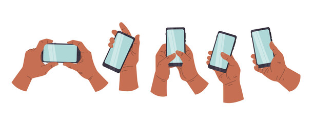 Hands of African American people holding phone and touch phone, business concept, flat design. Vector Illustration