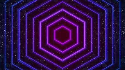 Cyberpunk neon background. Dark backdrop. Multiple neon lights. Pink and blue colors. Many fluorescent tubes. Hexagon shape. Retro futuristic design template. Vector illustration