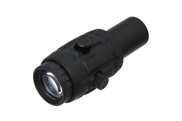 modern black optical scope for weapon isolated on whited. sight scope isolated on white back.