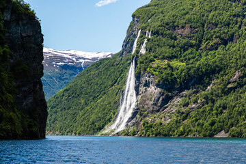 Geiranger fjord, Waterfall Seven Sisters. Beautiful nature Norway natural landscape.