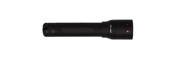 modern black metal flashlight isolated on white