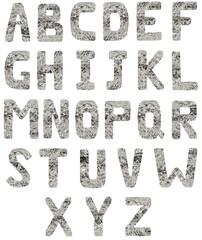 Naklejka premium Isolated set of Font English or Latin alphabet A-Z made of crumpled titanium foil on white background