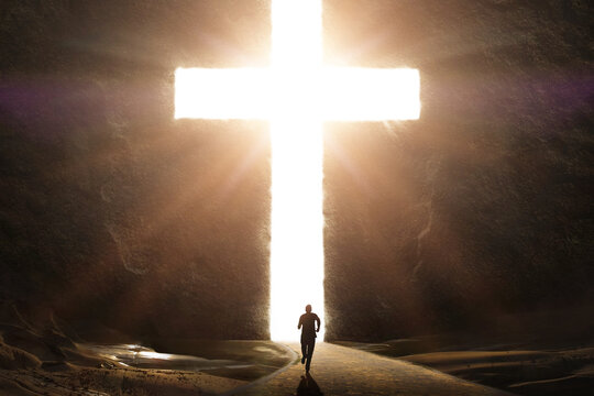 Man Running Towards Giant Bright Cross with Glowing Rays