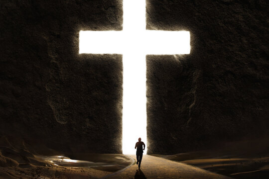 Man Running Towards Giant Bright Cross