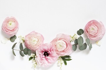 gentle flowers background. Pink ranunculus, lily of the valley and jasmine.
