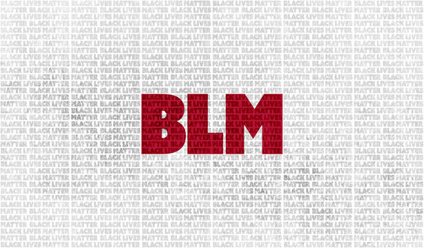 A white and red colored Black Lives Matter (BLM) background graphic illustration with BLM in the center to raise awareness about racial inequality against African American's