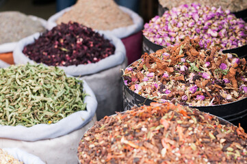 Sacks of herbal tea / Market stall with sacks full of herbal tea.