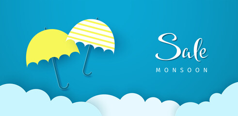 Monsoon sale flyer. Clouds and umbrellas on blue background. Vector illustration