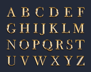 Golden English 3d alphabet on a Gray background.3d image
