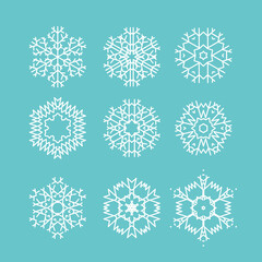 set of line vector snowflakes icons. Beautiful modern snowflakes isolated on blue backgronud. Vector stock illustration