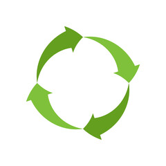 Recycled eco vector icon, cycle and triangle arrows in a flat style. Recycled green arrows eco sign. Vector illustration isolated on white background