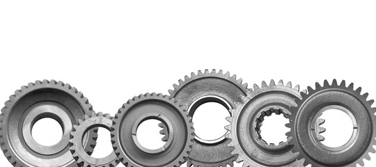 Metal gears isolated on white background collage. Steel industrial gears banner with copy space for text.