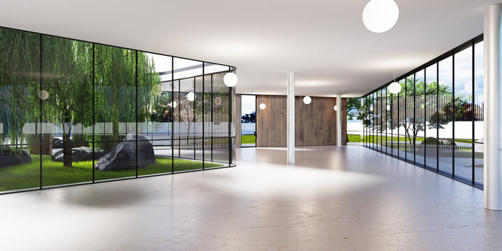 Spacious bright spatial rooms with lots of greenery behind the glass. Public premises for office, gallery, exhibition.