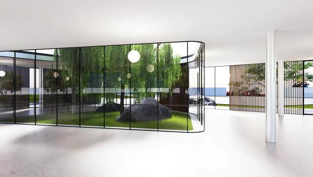 Spacious Bright Spatial Rooms With Lots Of Greenery Behind The Glass. Public Premises For Office, Gallery, Exhibition.