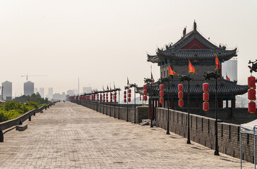 Long view over ramparts of Huancheng city Wall, Xian, China.