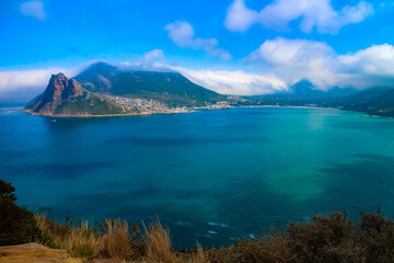 Scenic view over Hout Bay and the Atlantic ocean from Chapman's Peak Drive, Cape Town, Western Cape, South Africa.