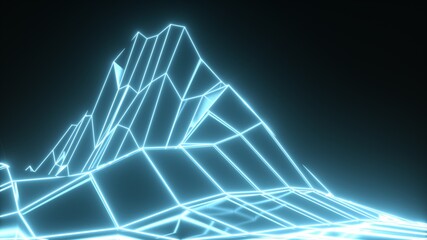 Blue neon wireframe landscape. Abstract mountain in low polygonal style. Triangular surface. Creative graphic design for poster,brochure,flyer and card.