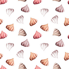 Hand-drawn watercolor illustration. Seamless pattern. A set of small meringues. Multi-colored marshmallow on a white background.