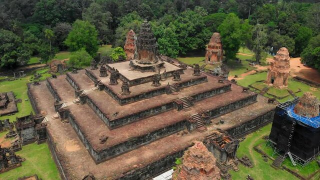 Drone Aerial View of Angkor Wat Bakong Temple, Cambodia. Ancient Hindu Mountain Shrine From 9th Century