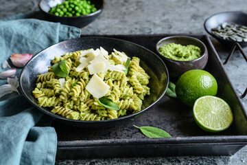 Fusilli pasta with pea pesto made from sage and pumpkin seeds