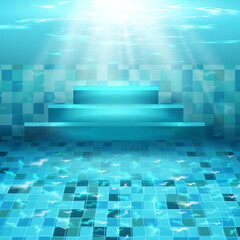 Swimming pool with blue water, ripples and highlights. Texture of water surface and tiled bottom. Overhead view. Summer background.