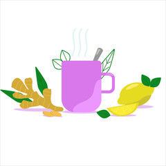 Cup of ginger tea with lemon isolated on white background. Vector illustration.