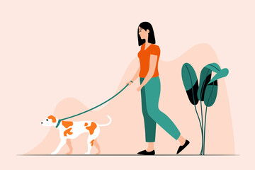 Colorful illustration of a happy woman walking it;s dog outdoors.Woman walking with a dog. Solo outdoor activities.