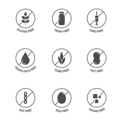 Product free allergen line icons. Natural products labels. GMO free emblems. Organic food and drink stickers. Food intolerance dietary. Healthy eating. Vegan, bio. Vector illustration