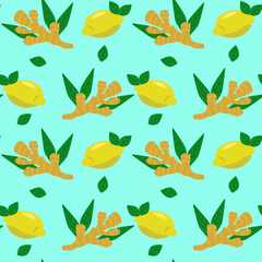 Cartoon style ginger and lemon vector seamless pattern background.