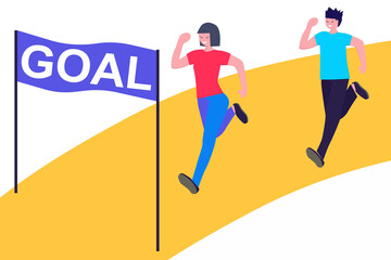 Path to goal, goal achievement, motivation for success. People run up the arrow to the goal. Concept growth and the path to success. Can used for banner, poster, website design, social media