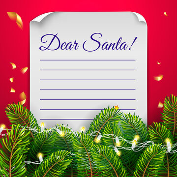 Christmas card with paper leter with round corners and lights on a red background with christmas tree, lights garland and lettering Dear Santa. Massage to Santa Claus template. Vector illustration.