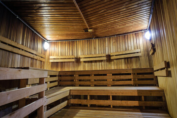 interior of the sauna with wood trim.