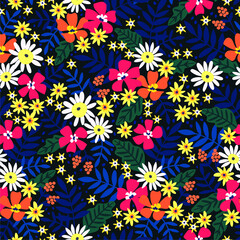 Trendy seamless vector floral pattern. Endless print made of small colorful flowers, leaves and berries. Summer and spring motifs. Vector illustration.